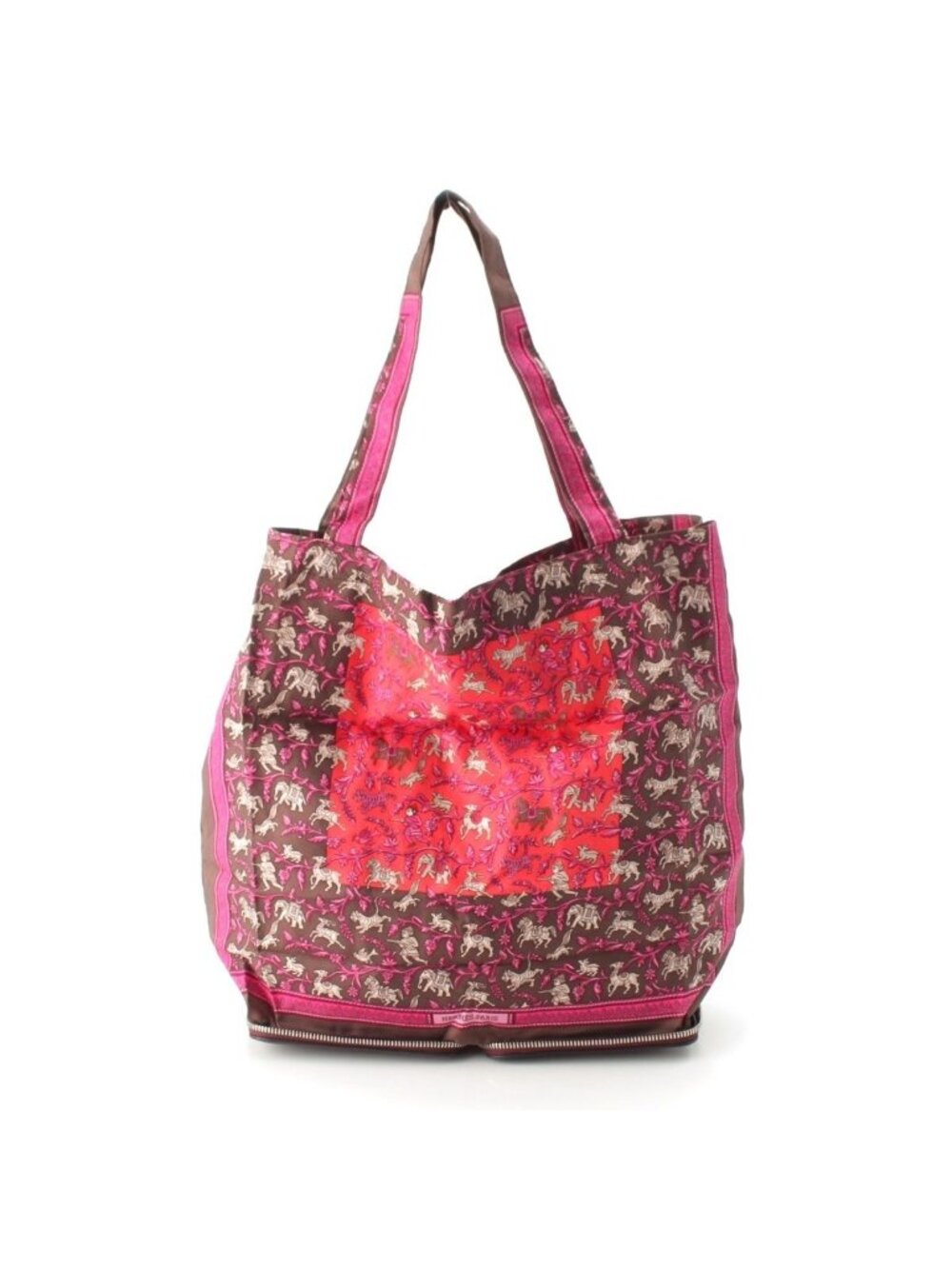 Hermes Silky Pop Leather Silk Buffalo Tote Bag Brown Pink